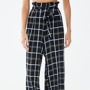Black and Baby Blue Grid Paper Bag Pants